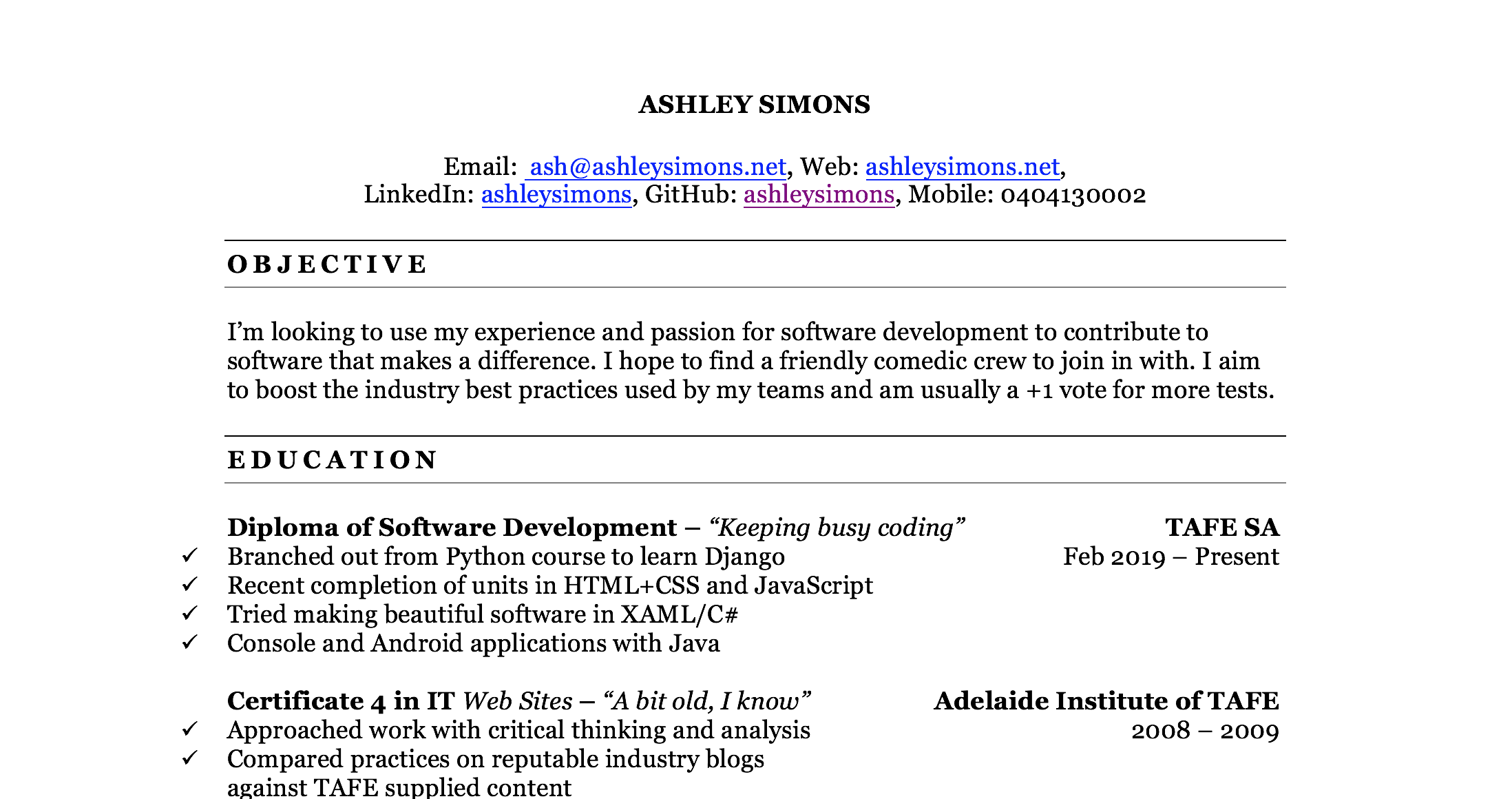 Ashley Simons' resume
